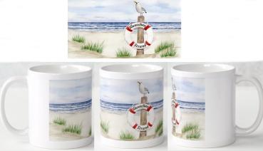 Tasse Becher Kaffeebecher  Rettungsring Aquarell Maritim Kunst Druck Kunstdruck Dänemark Nordsee Ostsee Düne Meer Möwe Strand Wunschname